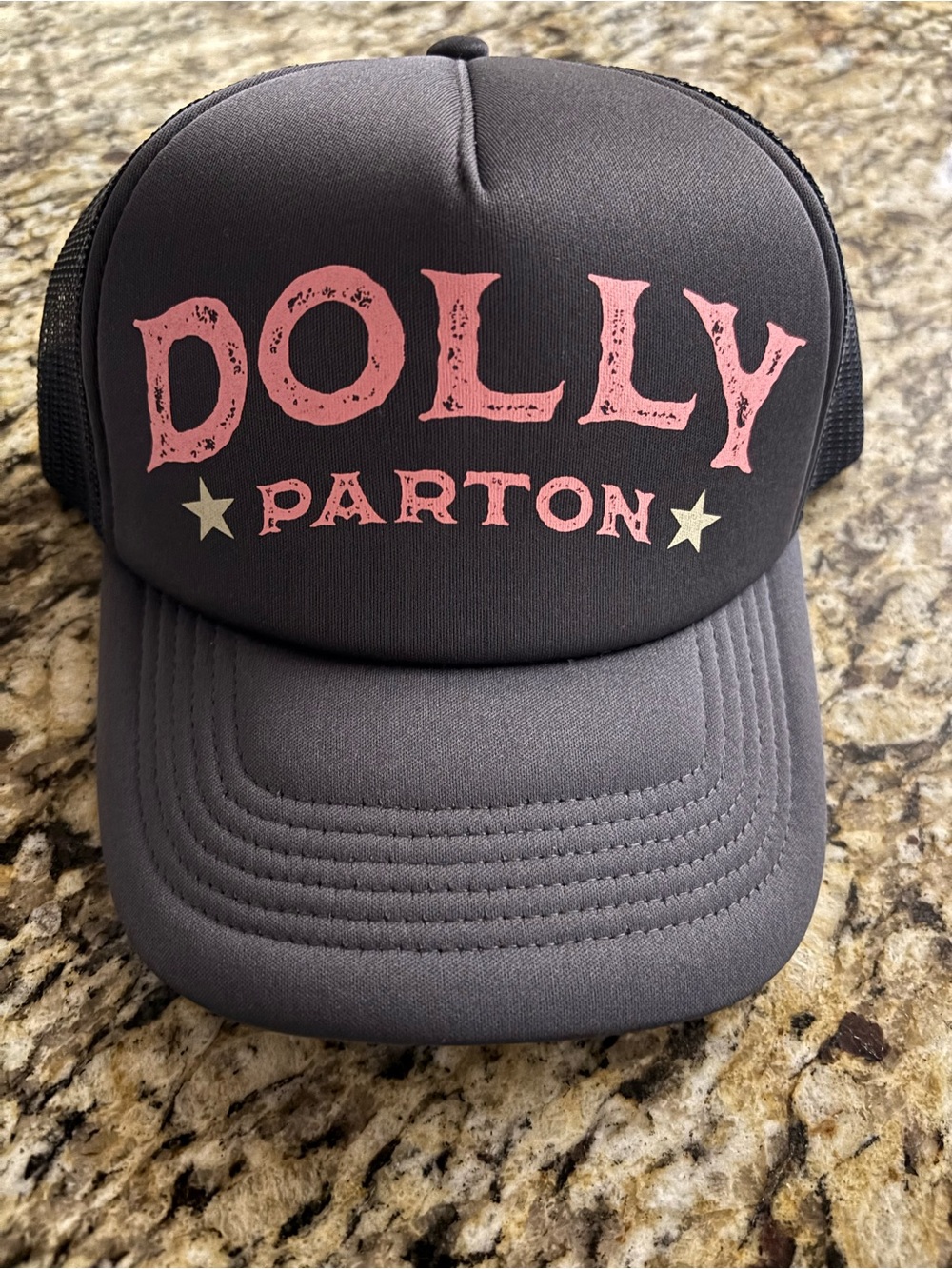 Dolly Parton trucker Hat in Gray with Pink Logo
